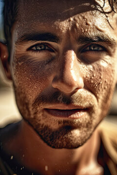 Mann der ernst in die Kamera schaut. Close-up Porträt eines braungebrannten Mannes. Sand und Schweiß im Gesicht eines Mannes. KI generiert
