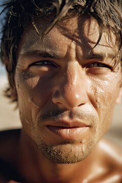 Mann der ernst in die Kamera schaut. Close-up Porträt eines braungebrannten Mannes. Sand und Schweiß im Gesicht eines Mannes. KI generiert