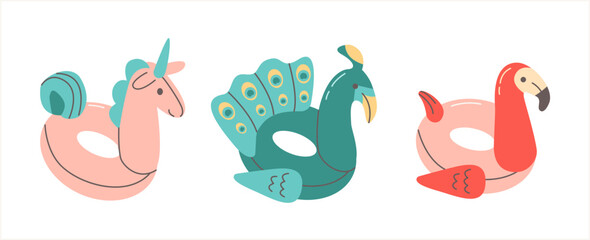 Set of colorful rubber inflatable stylish modern swimming rings for children and adults. Flamingo, peacock, unicorn.