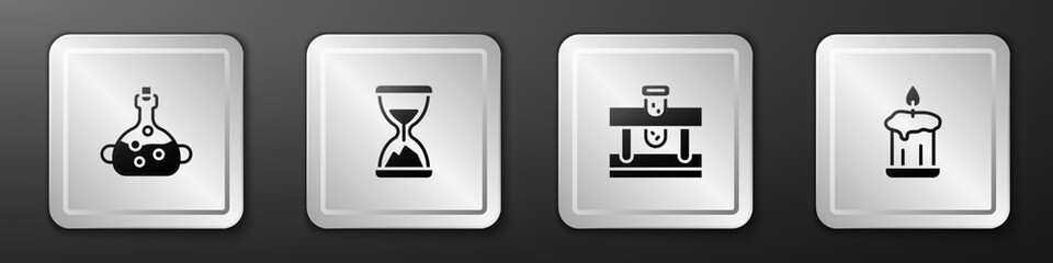Set Poison in bottle, Old hourglass with sand, Bottle potion and Burning candle icon. Silver square button. Vector
