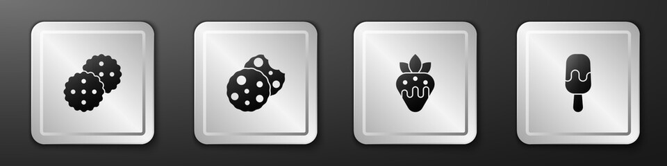 Set Cookie or biscuit, , Strawberry in chocolate and Ice cream icon. Silver square button. Vector