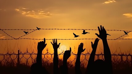 World Refugee Day, illustration of refugee hands raising with birds flying, Generative Ai