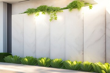 green shrubs on a white wall, flower bed below