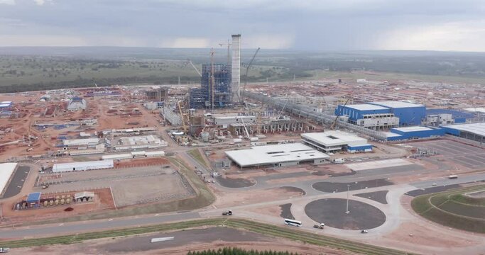 Ribas do Rio Pardo, MS, Brazil, MAR 29 2023, Aerial view of the facilities at the Suzano cellulose factory, a modern factory with large capital invested in the region