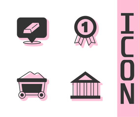 Set Bank building, Gold bars, Mine cart with gold and Medal icon. Vector