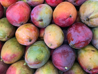 Sleeves stacked on top of each other. Fruit on display in a supermarket, filling the entire frame.