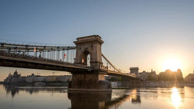 Budapest Hungary time lapse 4K, city skyline sunrise timelapse at Chain Bridge