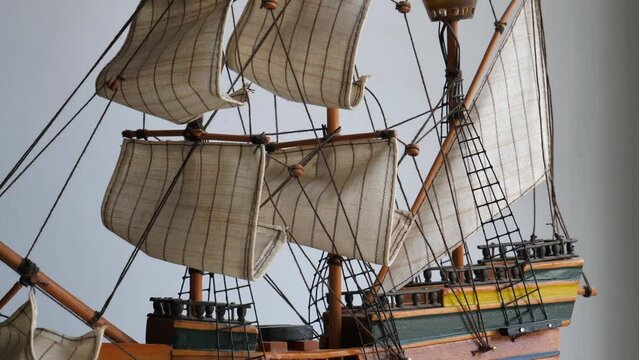 Deck And Sails On A Masts Of Old Sailing Ship Model In Rotation 4K Video 
