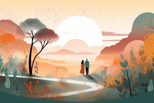 Loving couple is traveling in the nature, enjoying the beauty of sunset and landscape. 