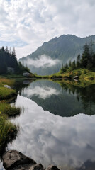 Fototapeta na wymiar Panoramic view of a mountain lake in a natural landscape. Generative AI
