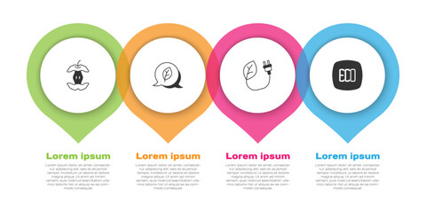 Set Apple core, Leaf Eco symbol, Electric saving plug in leaf and . Business infographic template. Vector