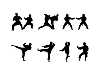 karate silhouettes. Vector illustration. Vector set of karate fighting players in various poses. Black karate fighter silhouettes on the white background.