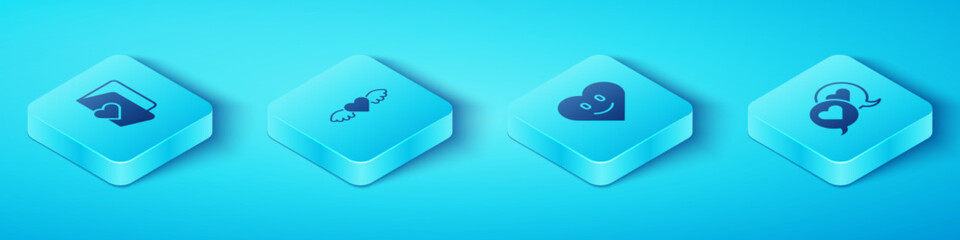 Set Isometric Valentines day flyer, Heart with wings, speech bubble and icon. Vector