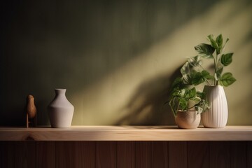 Wall mock up with cream color, vase, green plant and wooden shelf. Generative AI