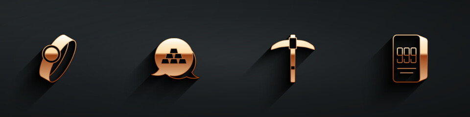 Set Gold ring, bars, Pickaxe and 24k icon with long shadow. Vector