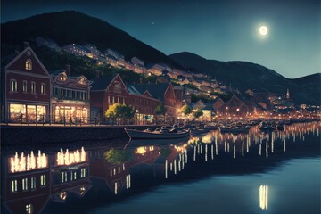 Moonlit port city viewed during the nighttime. Fantasy concept , Illustration painting. Generative AI