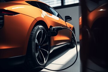 Electric car connecting to outlet for charging. Generative AI