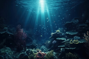 Obraz na płótnie Canvas Underwater panorama of the coral world. coral reef ocean light underwater. Generative AI