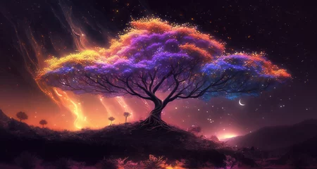 Foto op Canvas an epic cherry tree in space, lights in background, generative ai technology © Sternfahrer