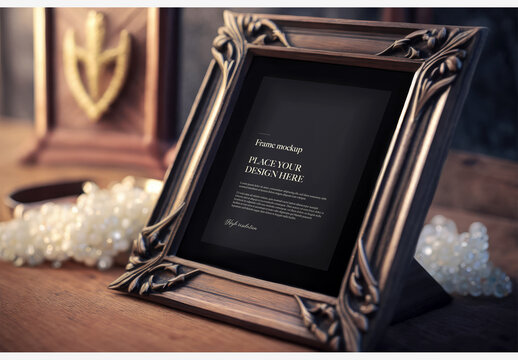 Timeless Elegance: Picture Frame With Pearl Accents And Clock Décor On Wooden Stand And Wall - Perfect For Home Or Office Decor Frame Mockup Template Generative AI