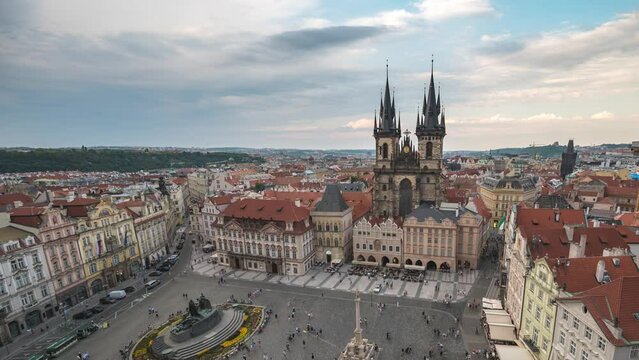 Prague Czechia Czech Republic time lapse 4K, high angle view city skyline timelapse at Prague old town square