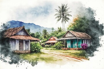 Fototapeta na wymiar Countryside landscape depicting old houses amidst nature in watercolor style. Fantasy concept , Illustration painting. Generative AI