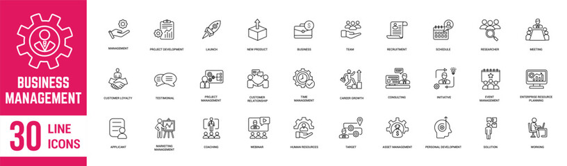 Fototapeta na wymiar Business Management thin line icons set. Marketing, business, vision, mission, planning, strategy, teamwork and more… Vector illustration.