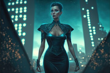 Futuristic woman wearing blue gown standing in a sci-fi city Fantasy concept , Illustration painting. 