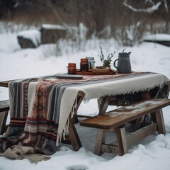 Super Cozy Winter Picnic Table with Hot Coffee and some nice Decor and a Comfy Blanket. 
