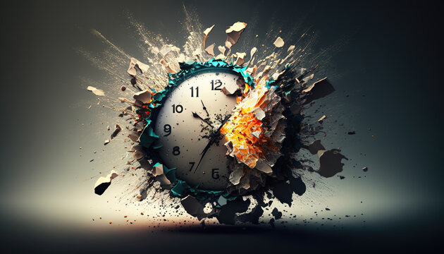 a clock is exploding, no time left in life, special artwork, generative ai technology