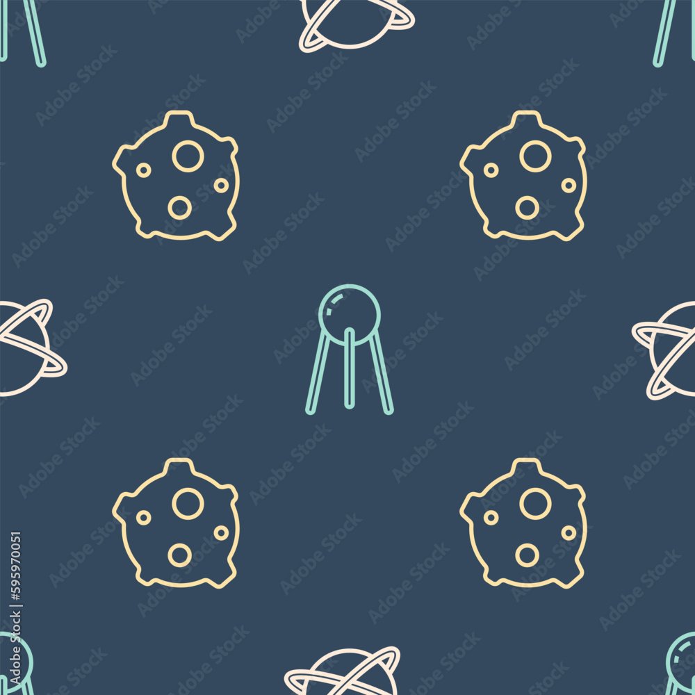 Poster set line satellites orbiting the planet, asteroid and on seamless pattern. vector