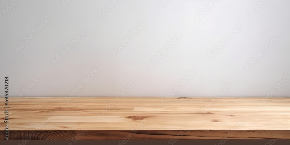 Poster a blank empty wooden table top for product placement. generative ai