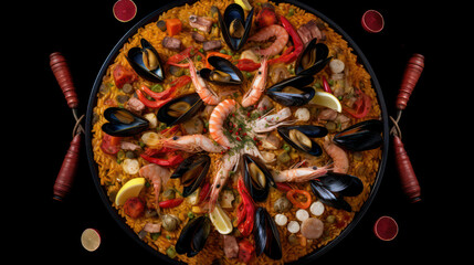 Traditional spanish seafood paella with rice, mussels, shrimp in a frying pan on a black background. top view, flat lay. Generative AI