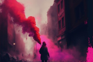 Woman clutching red smoke signal on lane in deserted urban settlement. Fantasy concept , Illustration painting. Generative AI - obrazy, fototapety, plakaty