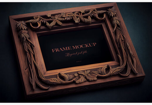 Captivating Wooden Frame With Shadow Of Person On Black Background - Perfect For Creative Projects And Design Needs Frame Mockup Template Generative AI