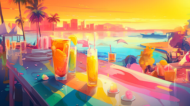 Cocktails and drinks in glasses at the bar. Abstract, colorful watercolor illustration. Digital painting for print and background. Ai Generative illustration
