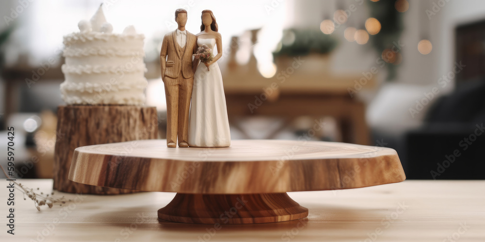 Poster empty wooden counter table top for product display with a wedding couple. generative ai