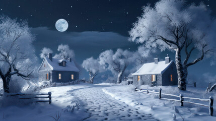 landscape with snow house in the village. Fabulous night view with full moon. Winter wonderland with footprints in the snow. Generative AI