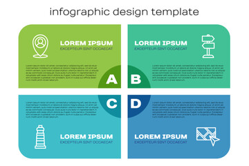 Set line Lighthouse, Location with person, City map navigation and Road traffic sign. Business infographic template. Vector