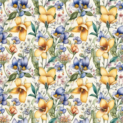 Summer seamless pattern with different colorful flowers. Generative AI.