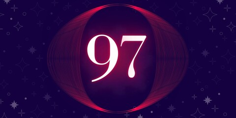 Number 97. Banner with the number ninety seven se on a blue background and blue and purple details with a circle purple in the middle