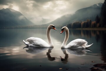 Plakat Beautiful landscape art with swans floating in the water from generative ai