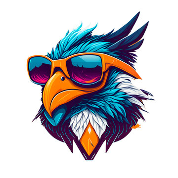 portrait of trendy eagle bird in sunglasses on transparent background, print ready t-shirt design or sticker, generative ai