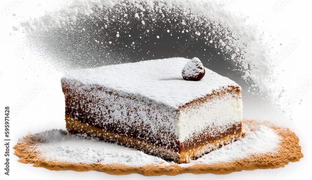 Aufkleber a slice of cake dusted with icing sugar and set on a white backdrop generative ai