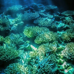Naklejka na ściany i meble Background corals underwater deep, from above the rays of light. Generative AI