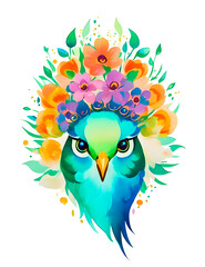 Fototapeta premium cartoon watercolor portrait of flowered peacock on transparent background, print ready t-shirt design or sticker, generative ai
