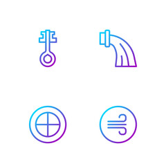 Set line Windy weather, Earth globe, Old magic key and Aquarius zodiac. Gradient color icons. Vector
