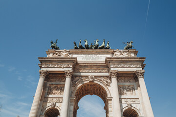 Milano, Italy - April 2023: The iconic monument, Arco della Pace in Sempione's park