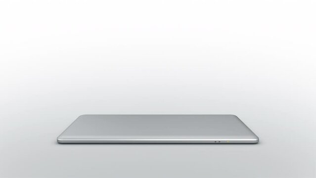 

Thin Modern Laptop Animation. Highly Detailed Generic Aluminum White Screen Display Laptop Spinning and Opening Over White Background. Track and Add Your Own Photos or Videos.