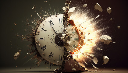 a clock is exploding in slow motion, epic artwork, generative ai technology - obrazy, fototapety, plakaty